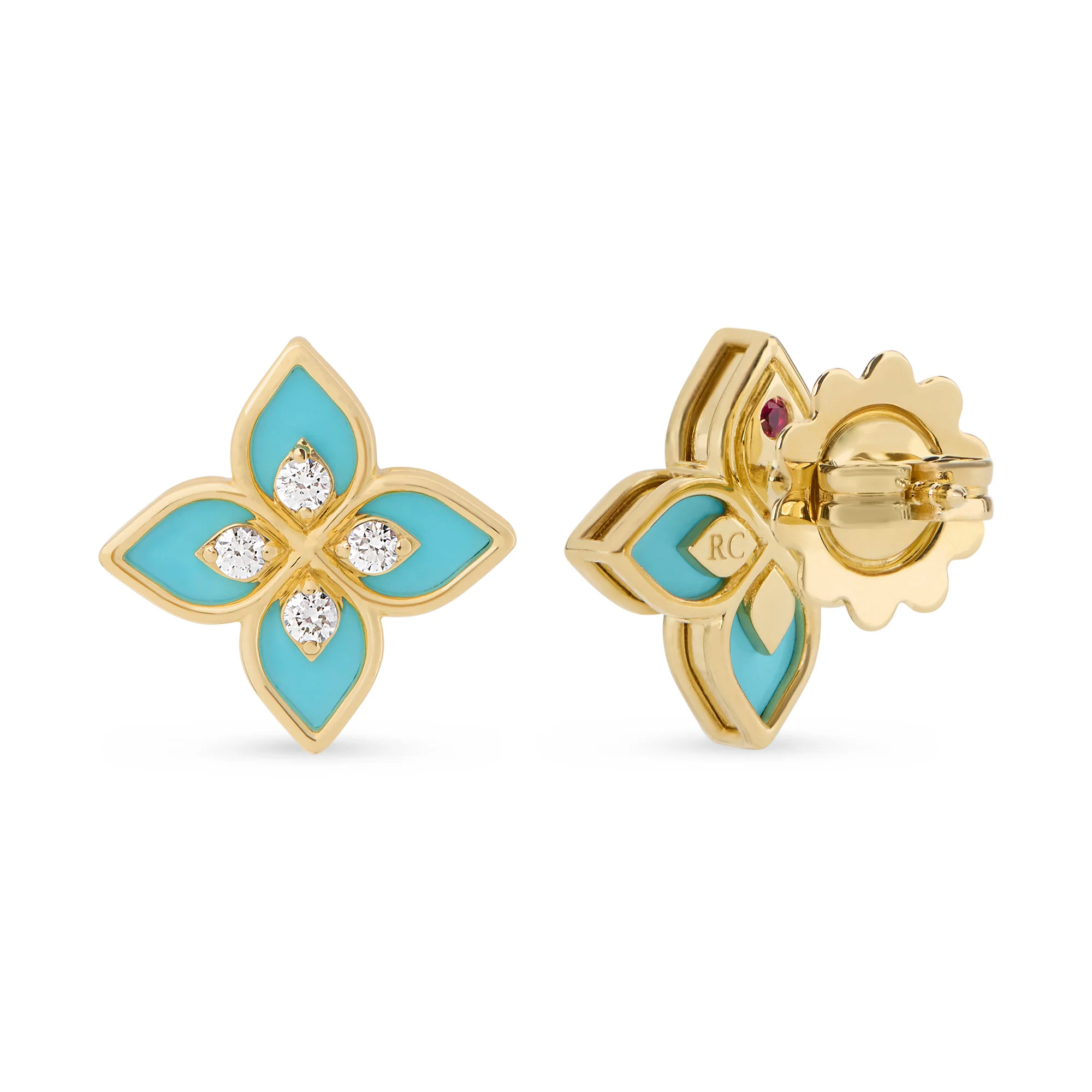 PRINCESS FLOWER EARRINGS FOR CAROUSEL WITH DIAMONDS AND BLUE CERAMIC ENAMEL - Image 2