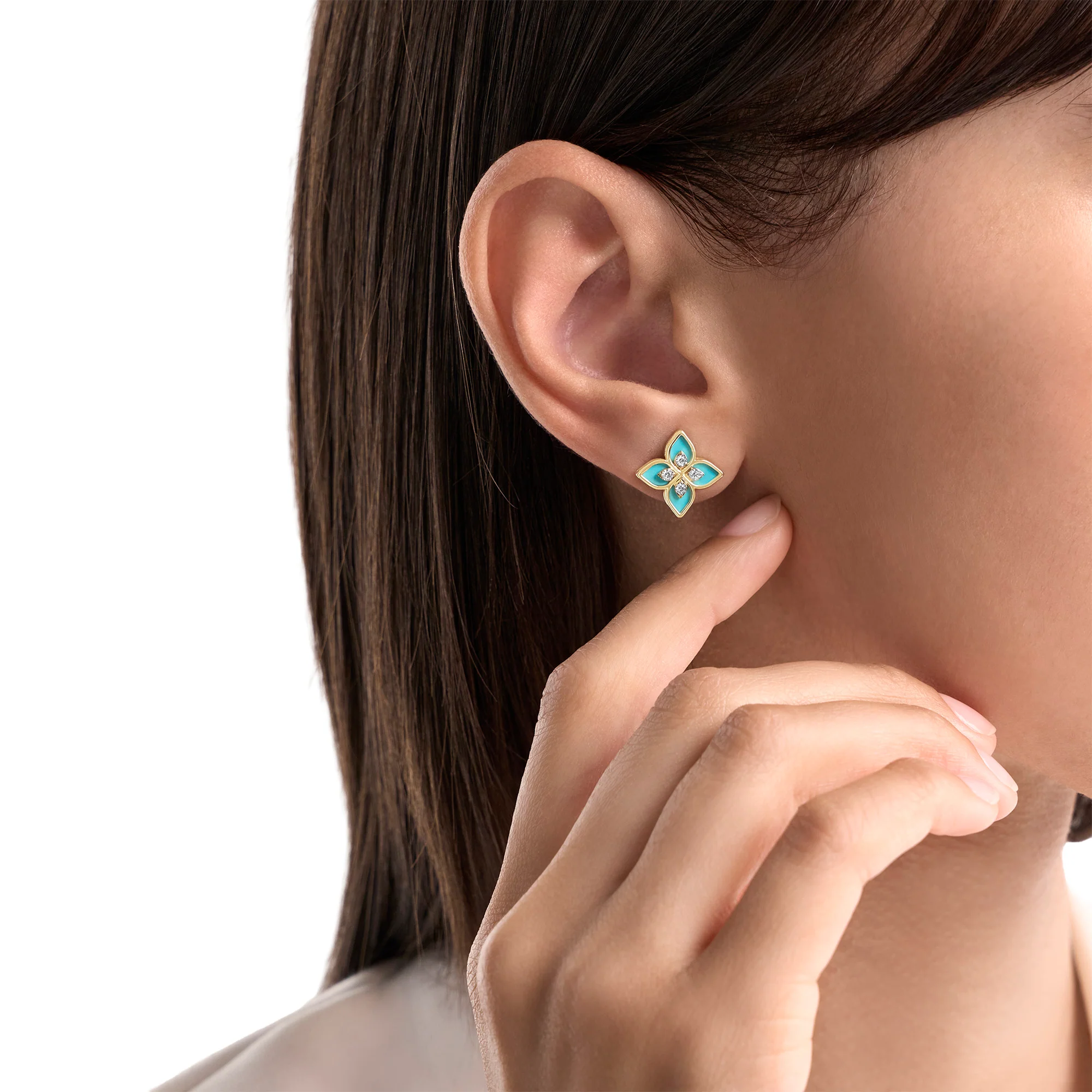 PRINCESS FLOWER EARRINGS FOR CAROUSEL WITH DIAMONDS AND BLUE CERAMIC ENAMEL - Image 3