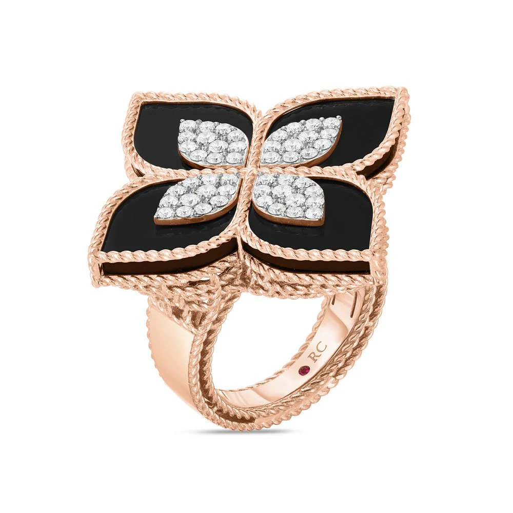 PRINCESS FLOWER RING WITH DIAMONDS AND BLACK JADE