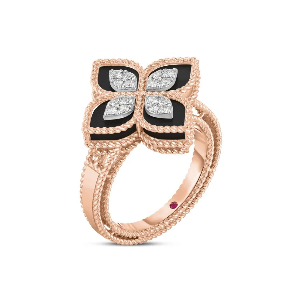 PRINCESS FLOWER RING WITH BLACK JADE AND DIAMONDS