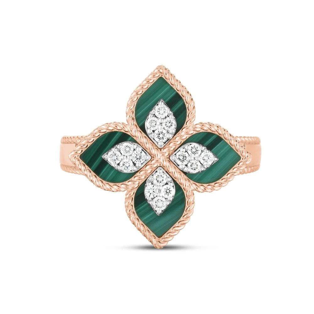 PRINCESS FLOWER RING WITH MALACHITE AND DIAMONDS - Image 2